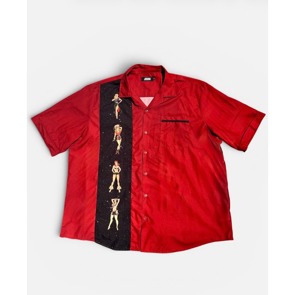 JOGAL Mens XL Retro Pin Up Girl Bowling Shirt Red Rockabilly Camp Button Up